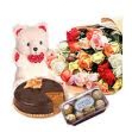 Bunch Of Mix Roses With Teddy, Cake And Chocolates